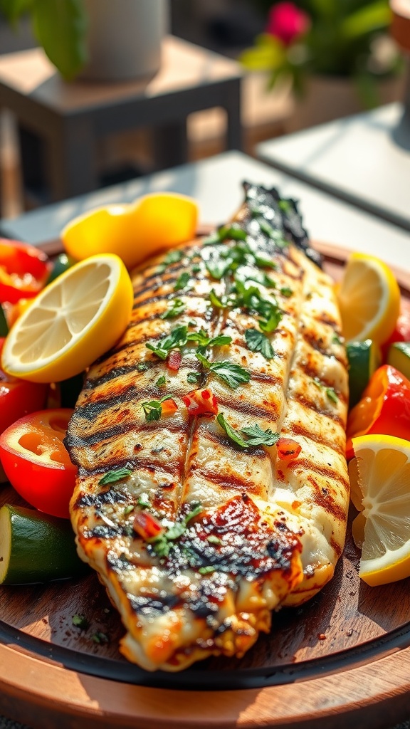 Grilled sea bass fillet with herbs and lemon wedges on a wooden platter with grilled vegetables.